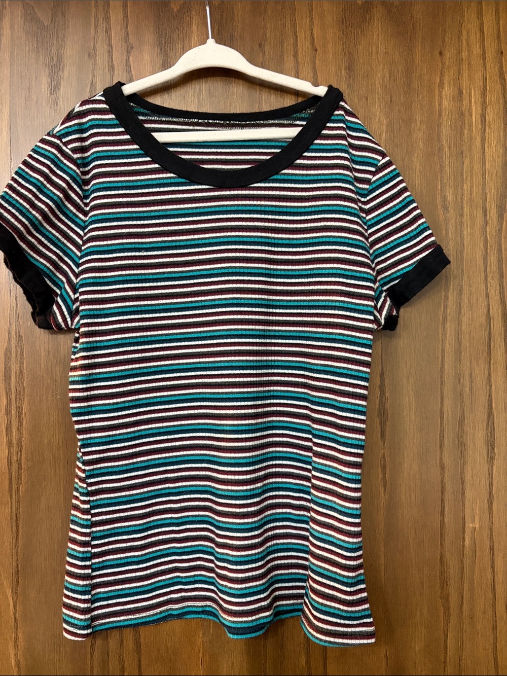 Striped Short-Sleeve Ribbed Tee - Black, Teal & White